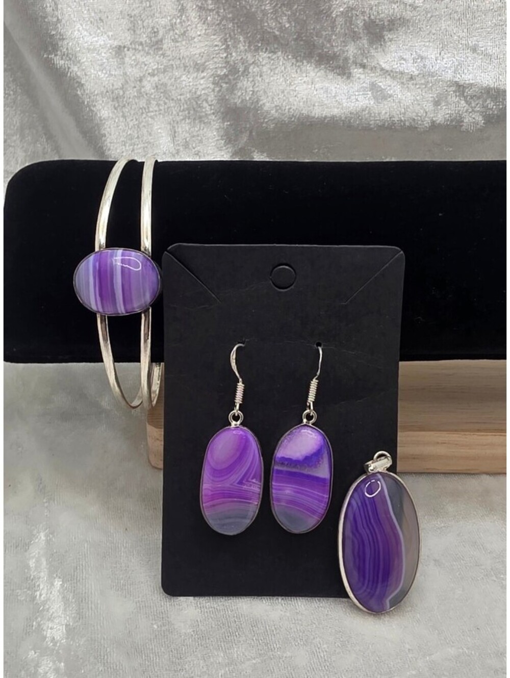 Purple Banded Agate Jewelry Set 925 Silver Overlay Cuff Earrings Pendant